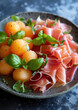 sliced melon and prosciutto, jamon, still life, Italian cuisine, food, restaurant, meal, meat, table, dish, serving, Spanish, southern, fresh, natural, tasty, delicacy