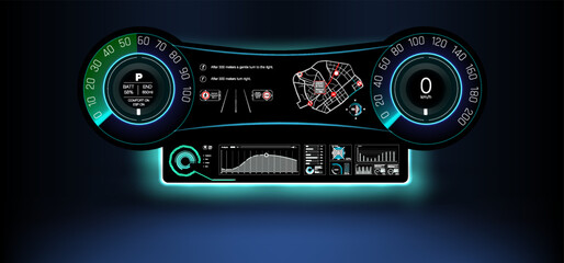 Poster - futuristic digital car dashboard display with vibrant colors and detailed information readouts, idea