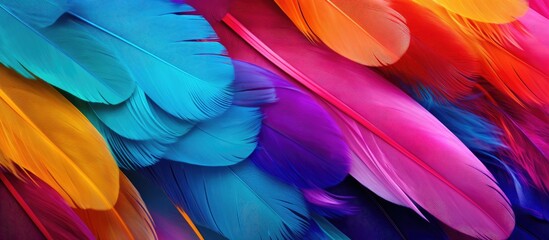 Poster - A close up of a vibrant bouquet of purple, pink, magenta, and electric blue feathers resembling petals. A beautiful art piece inspired by birds, pollinators, and plants