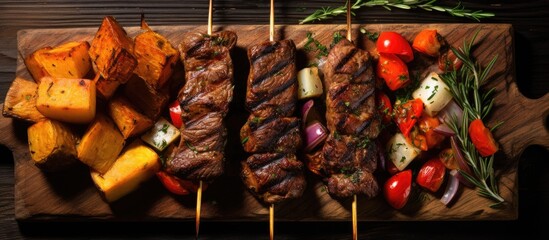 Poster - A natural foods cooking recipe of Arrosticini, Yakitori, or Brochette on a wooden cutting board with skewers of meat and vegetables, perfect for grilling