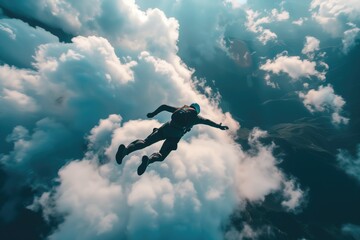 Wall Mural - Skydiver in action, parachuter free falling between the clouds, extreme sport.