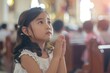 cute small girl praying in the church and Jesus giving blessing, cinematic effect, studios light. 