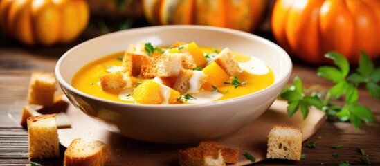 Sticker - Comfort food at its best a warming bowl of pumpkin soup topped with crispy croutons, served in a rustic cassolette on a wooden table