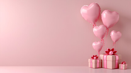 Wall Mural - beautiful pink birthday background with inflated helium balloons in the shape of hearts and gifts on