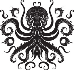 Tranquil Symmetry: Octopus Mandala Black Logo Design Celestial Spirals: Octopus Mandala Vector Icon in Black