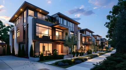 Modern modular private townhouses. Residential minimalist architecture exterior. 