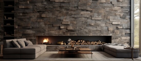 Poster - The living room features a centrally located fireplace made of brick, a durable building material that adds warmth and character to the space