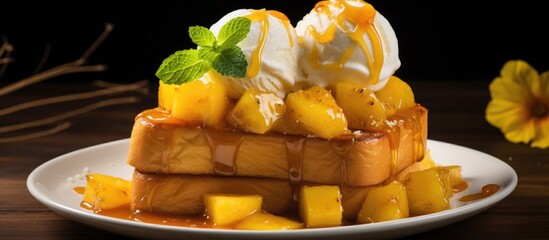 Poster - A stack of toast topped with pineapple and vegan ice cream on a plate. This dish is a delicious vegan dessert made with fresh ingredients and yellow produce