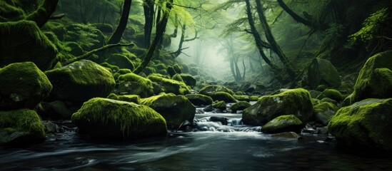 Canvas Print - A watercourse flows through a verdant forest, bordered by mosscovered rocks and towering trees, creating a serene natural landscape