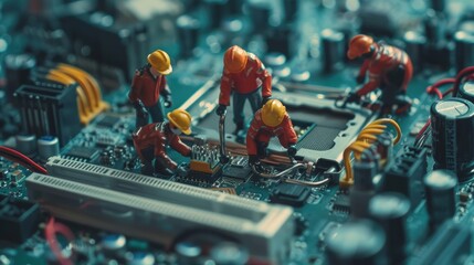 Poster - Closeup miniature technician working on a computer motherboard