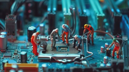 closeup miniature technician working on a computer motherboard