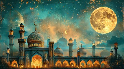 Wall Mural - Ramadan Kareem illustration banner background with Islamic Crescent and lantern and written Ramadan Kareem