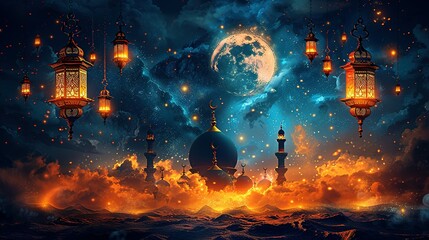 Wall Mural - Ramadan Kareem illustration banner background with Islamic Crescent and lantern and written Ramadan Kareem