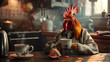 © Prasanth - A surreal portrait of a stylish rooster in a housecoat or bathrobe in the kitchen drinking tea, coffee or other hot drink