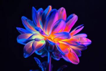 Poster - A stunning close-up of a dahlia flower enhanced with vibrant neon colors against a dark background highlighting its beauty