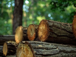Poster - Freshly cut and stacked wood logs present a natural texture amidst a lush green forest environment