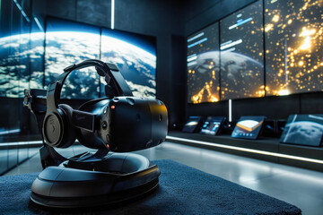 High-Tech Virtual Reality Headset in a Futuristic Gaming Room with Space Theme