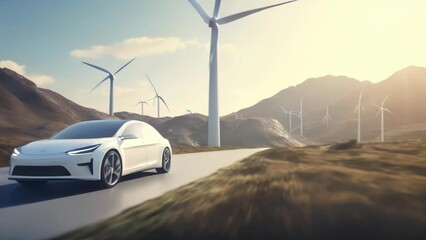 Wall Mural - Electric vehicles and wind farms. The concept of environmentally friendly transport of the future and green energy. Electric cars and wind generators