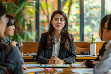 Wall Mural - Confident Young Asian Businesswoman Leading a Meeting at a Bright Office