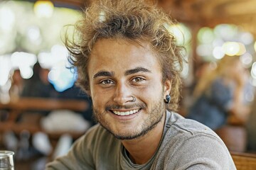 Wall Mural - candid shot of quirky young man with toothy grin in casual cloths