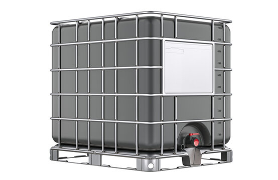 Black intermediate bulk container with metallic cage, 3D rendering isolated on transparent background