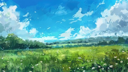 Wall Mural - green field with blue sky. sunny day. beautiful sky, cloud, sun