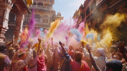 Wall Mural - Holi festival. happy hindu indian people celebrate holi festival by throwing colorful powder at each other	