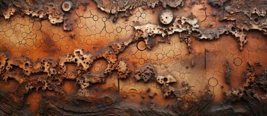 Poster - A detailed shot of a brown, rusty metal surface featuring intricate gears. The texture resembles patterns found in nature, like bedrock or tree bark