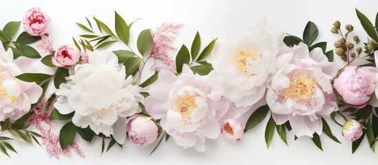 Sticker - A beautiful row of pink and white flowers with green leaves, arranged on a white background. Perfect for flower arranging, creative arts, or creating a stunning bouquet for a special occasion