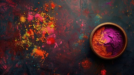 Wall Mural - Holi festival. holi powder in bowl on dark background hindu spring festival