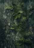 Fototapeta  - Lush green mossy forest with old tree log background for product display montages. Blurred green forest background in beautiful sunshine, vertical landscape.