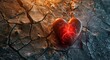 A broken red heart on a dry surface with cracks as a symbol of heartbreak and lovesickness.