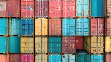 Stacked cargo containers in the storage area of freight sea port terminal, concept of export-import logistics and national delivery of goods. Business and transportation