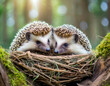 Two hedgehogs cuddled together in a cozy nest amidst the forest, demonstrating their instinctual need for companionship and warmth