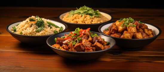 Wall Mural - Four bowls of various dishes made with fresh ingredients and vegetables are placed on a rustic wooden table, showcasing the diversity of cuisine and cooking techniques