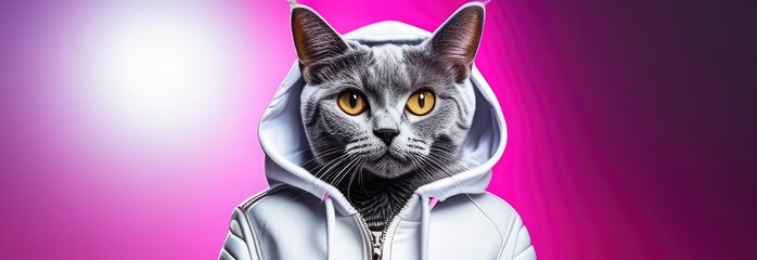 Poster - cat wearing a white hooded jacket on a pink background. concepts of style, creativity, individuality, fun. banner with a portrait of a unique cat