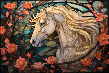  A fantastical scene of a white horse on its back, standing in a field of flowers