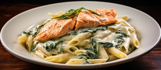 Poster - A dish of pasta with spinach and salmon, a delicious combination of ingredients on a wooden table, perfect for a healthy and flavorful meal