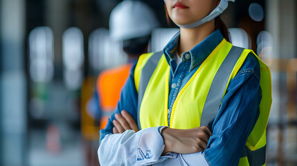 This image depicts a person in construction attire, wearing a white hard hat and a yellow reflective vest over a blue shirt The individual stands with their arms crossed in front of a blurred backgrou