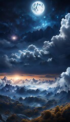 Wall Mural - A beautiful fantasy landscape with clouds and the moon at night. 