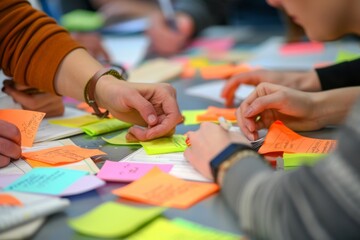 Poster - Individuals engaging in a brainstorming session with colorful sticky notes on a table