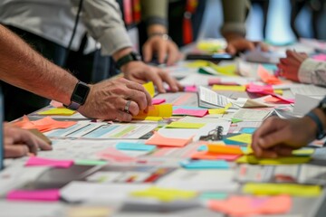 Poster - A group of professionals collaboratively sort through various post-it notes on a work table