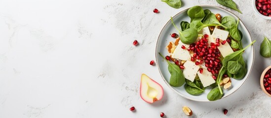 Wall Mural - A healthy and colorful salad made with fresh spinach leaves, creamy cheese, juicy pomegranate seeds, and crisp apples, arranged on a white plate