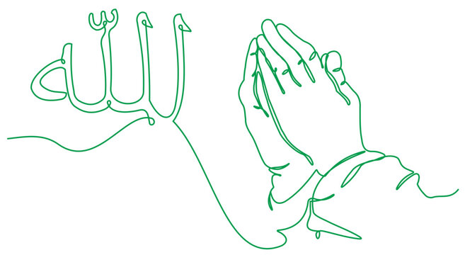 Continuous line drawing of palm hand of an islamic praying for ramadan and ied mubarak. Vector illustration.