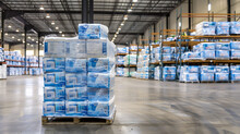 The Image Depicts A Large Stack Of Packaged Bath Tissue In A Warehouse. Here Are The Details: The Stack Consists Of Neatly Arranged Packages Of Blue And White Bath Tissue