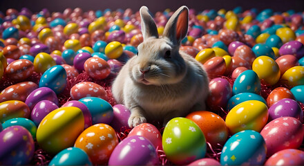 Fat easter bunny sitting in colorful eggs