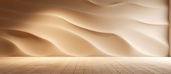 Sticker - An empty room with a wooden floor resembling a peach landscape, with a wavy wall evoking an aeolian landform. Liquid shadows create a pattern as if singing sands were present