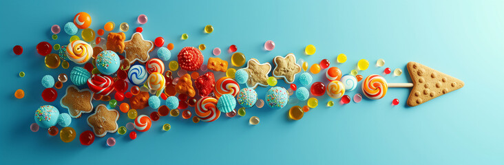 Canvas Print - Colorful background of sweets in the shape of an arrow, minimal concept, pastel colors, flat lay