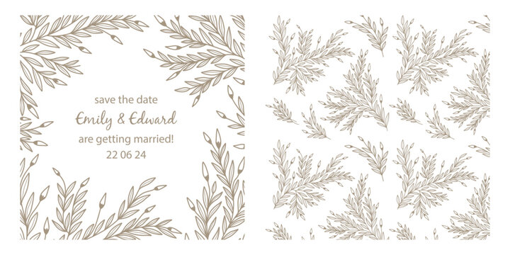 Elegant Floral Hand Drawn Wedding Invitation Template with Floral Pattern