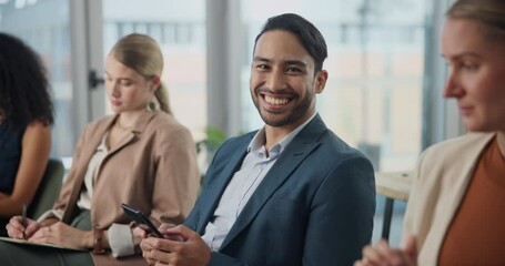 Poster - Interview, phone or business people in waiting room for online application, sign up or recruitment registration. Hiring, face or happy asian man in hr office line with app for job, search or survey